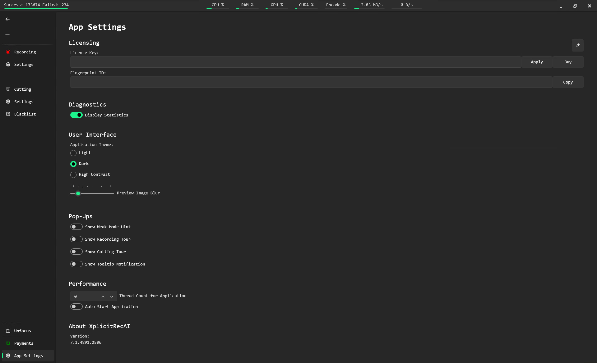Application Settings interface