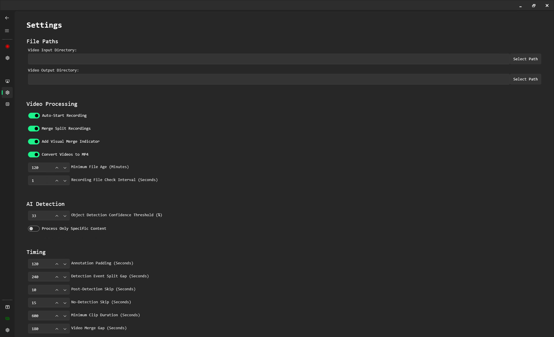 Cutting Settings configuration panel