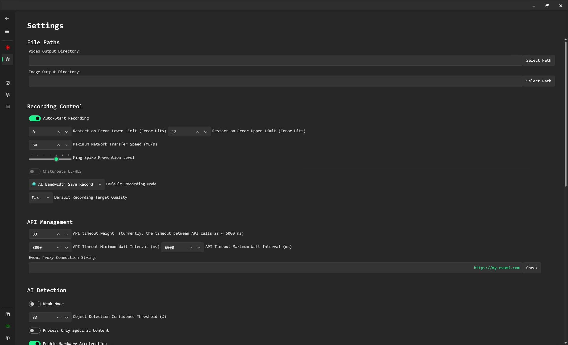 Recording Settings panel with configuration options
